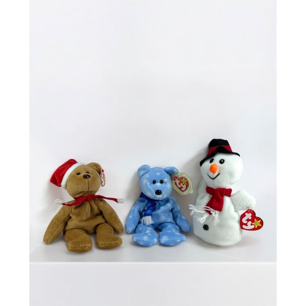 VTG Beanie Babies Lot 3 Christmas Theme Bears 1997 1999 Teddy Holiday Snowball